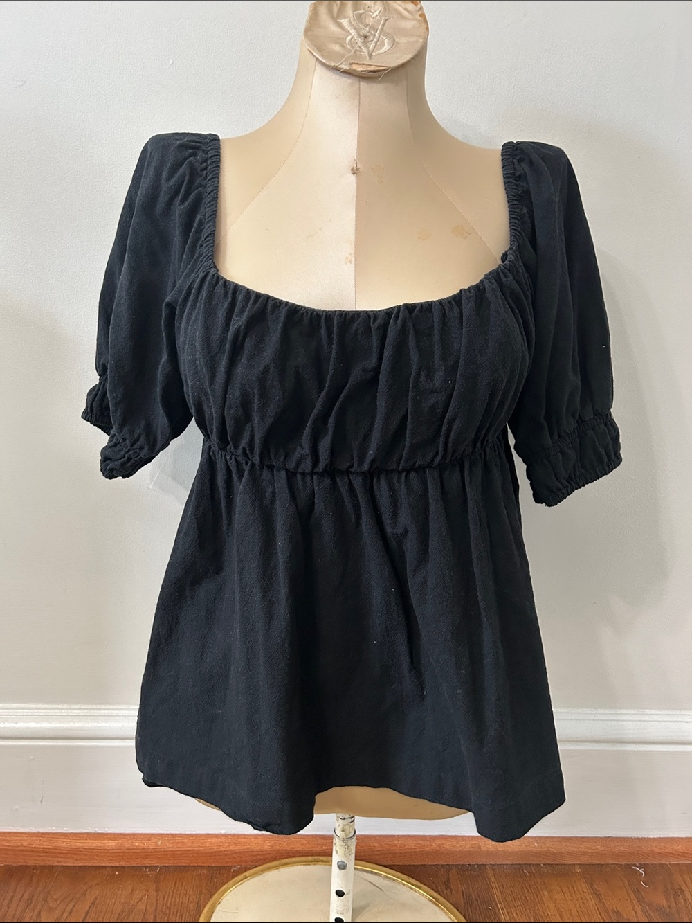 Free People Square-Neck Puff Sleeve Top XS Black Tie Back Cottagecore Milkmaid